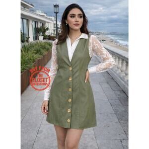 💚 ZARA V-Neck Button Mini Dress NWT | Green Faux Leather Pinafore S/M